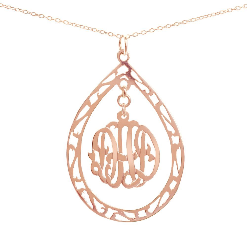 14K rose gold-plated silver round monogram necklace hanging inside a hollow teardrop pendant