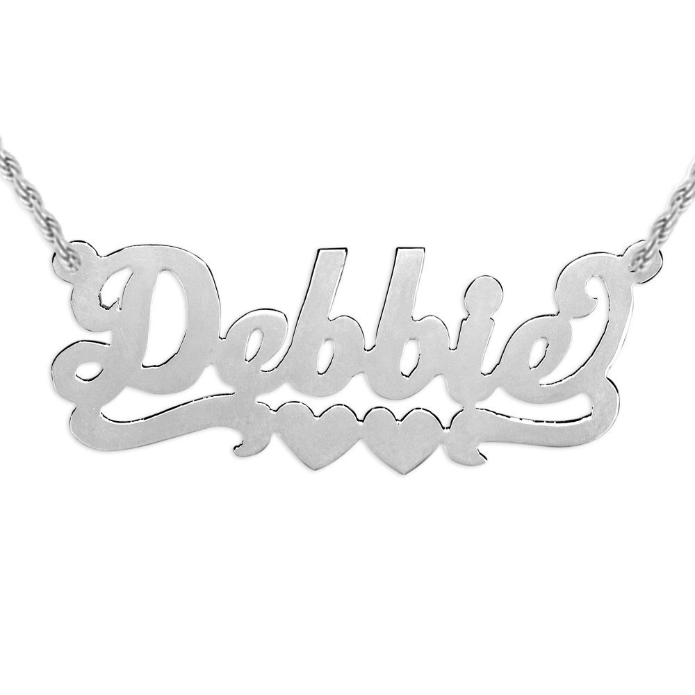 silver nameplate necklace with duo hearts