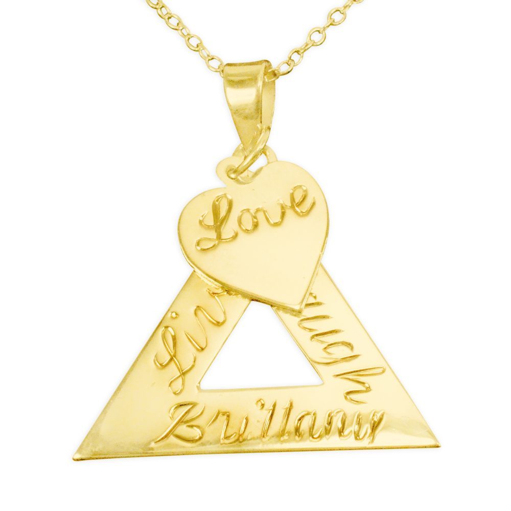 14K gold-plated silver custom engraving triangular nameplate necklace with attached heart charm