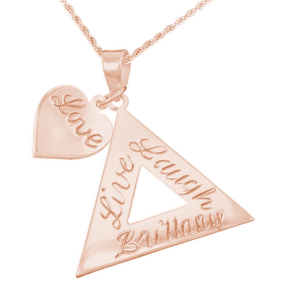 14K rose gold-plated silver custom engraving triangular nameplate necklace with attached heart charm