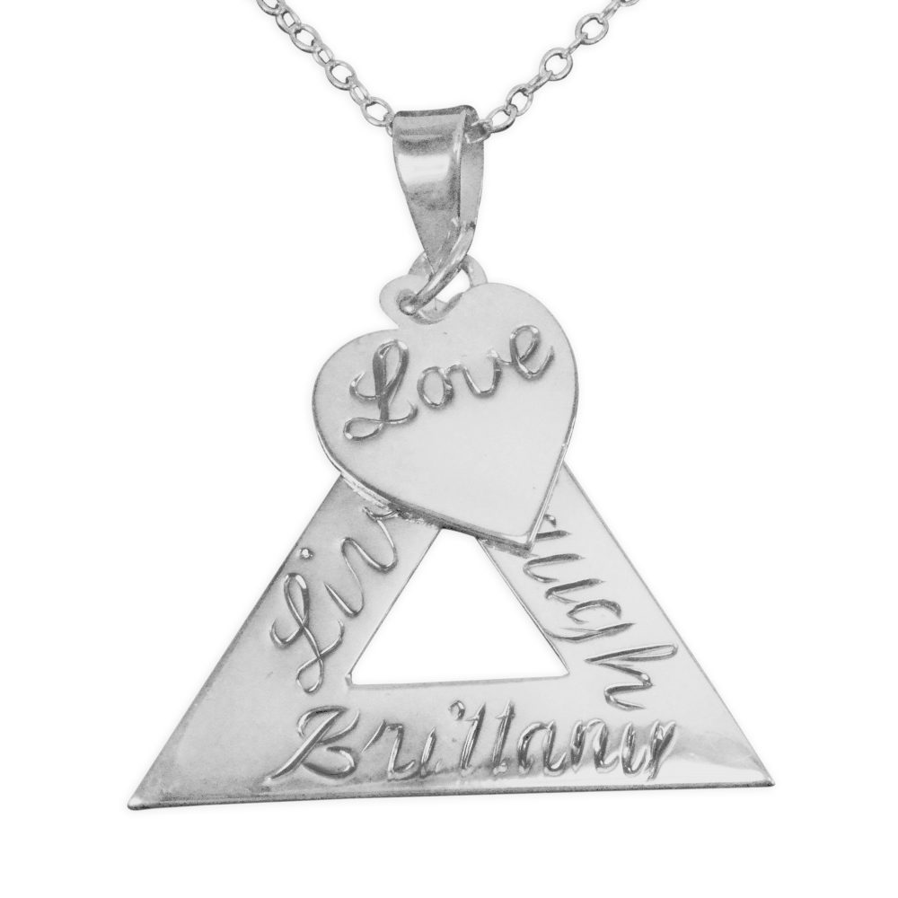 silver custom engraving triangular nameplate necklace with attached heart charm