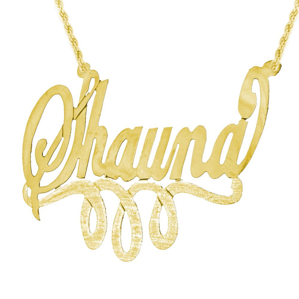 14K gold-plated silver swirled nameplate necklace with looped bar underneath
