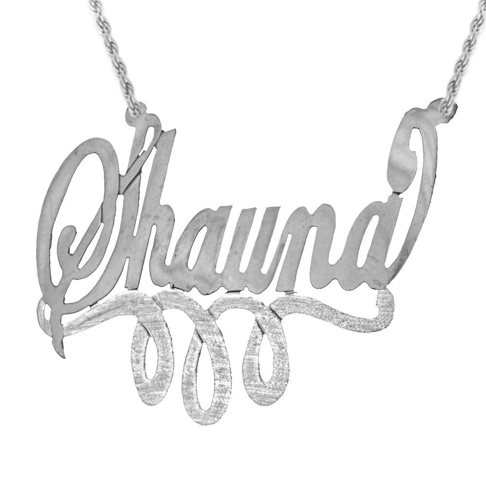 silver swirled nameplate necklace with looped bar underneath