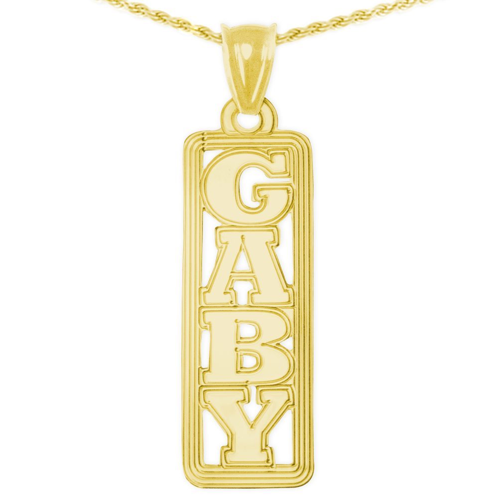 14K gold-plated sterling silver vertical tag nameplate necklace with lined border