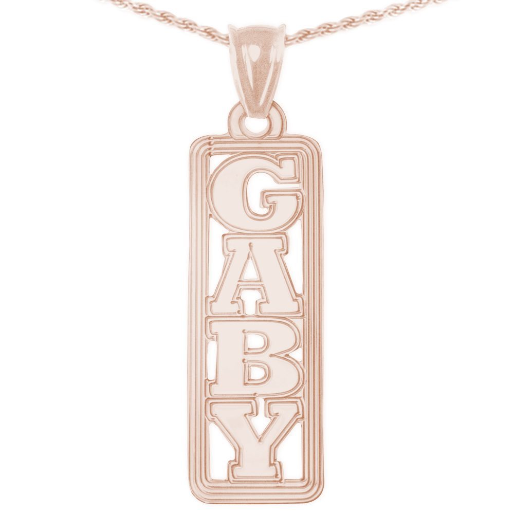 14K rose gold-plated sterling silver vertical tag nameplate necklace with lined border