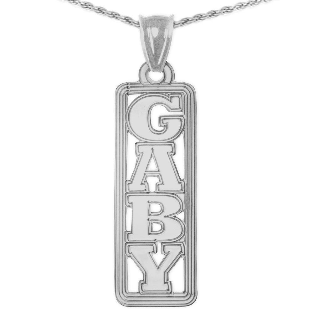 sterling silver vertical tag nameplate necklace with lined border