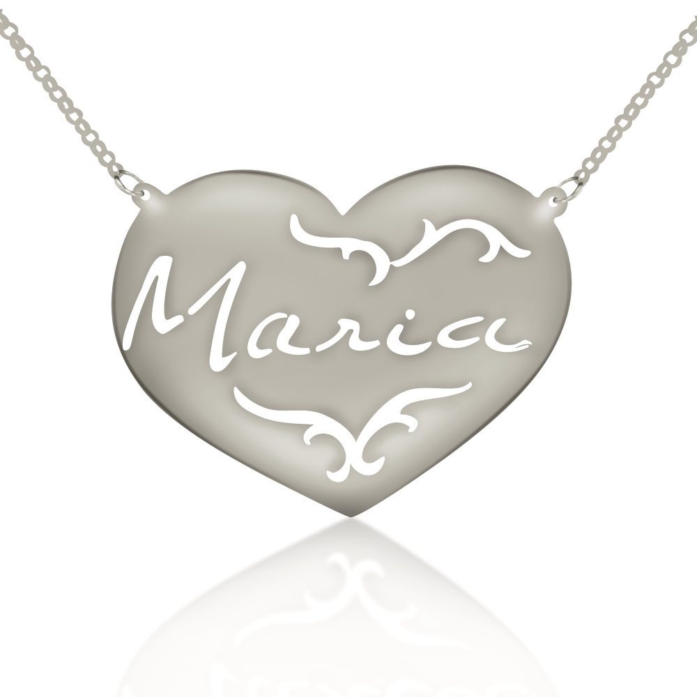 silver signature engraved patterned heart nameplate necklace